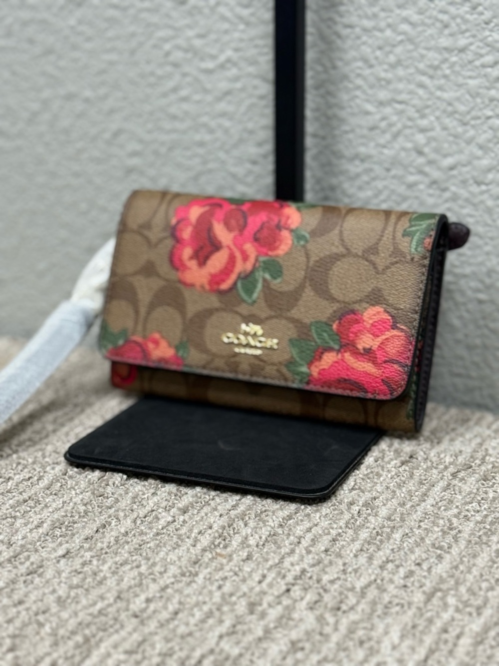 COACH Claire Brown Signature Wallet with Pink and Red Floral Print